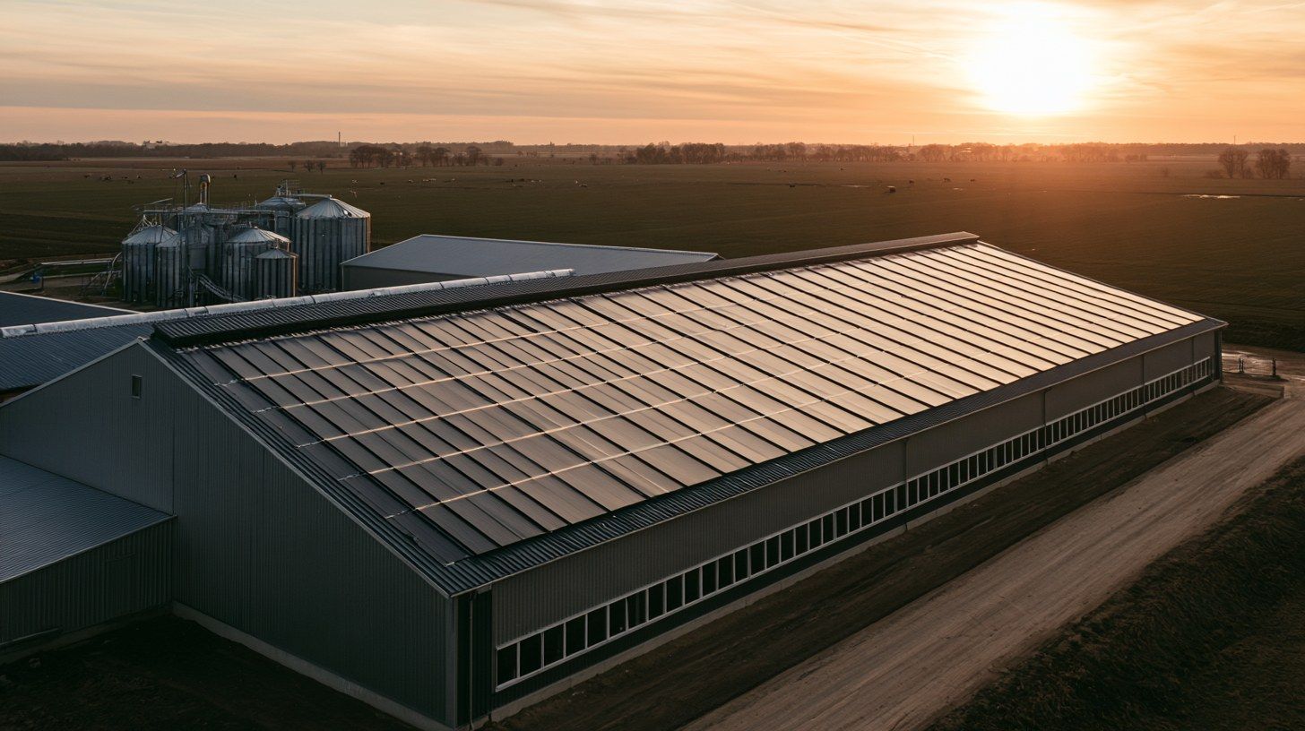 Stallgebäude mit großer Solaranlage auf dem Dach im Abendlicht