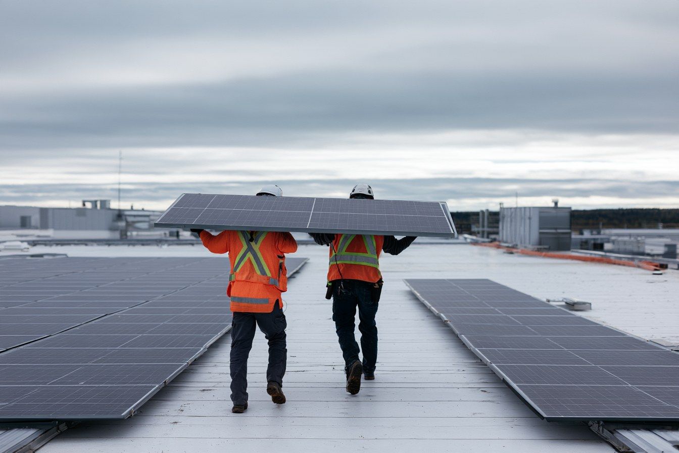 Zwei Monteure tragen ein neues Solarmodul über ein Hallendach