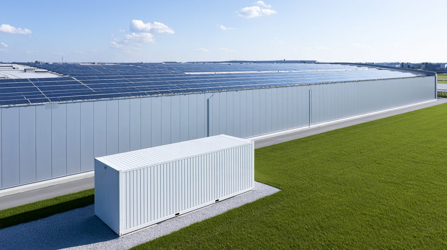 Reihe von Batteriespeicher-Containern neben einer Halle mit Solardach